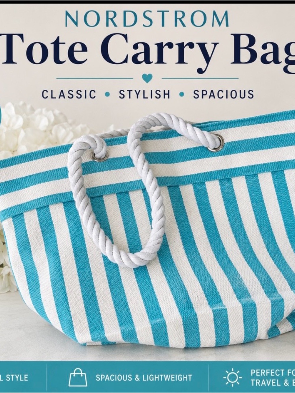 Nordstrom Turquoise & White Striped Rope Handle Tote 💙